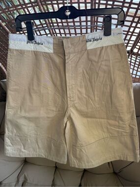 Palm Angels Beige Cotton Flat-Front Men’s Shorts with White Waistband